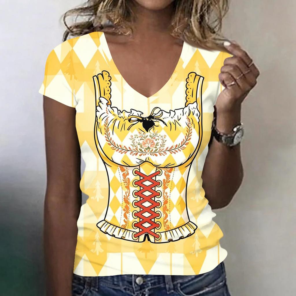 Camiseta Casual de Manga Corta con Cuello en V para Mujer con Estampado de Oktoberfest Top Tejido Ligero y Suave Ajuste Cómodo para el Uso Diario