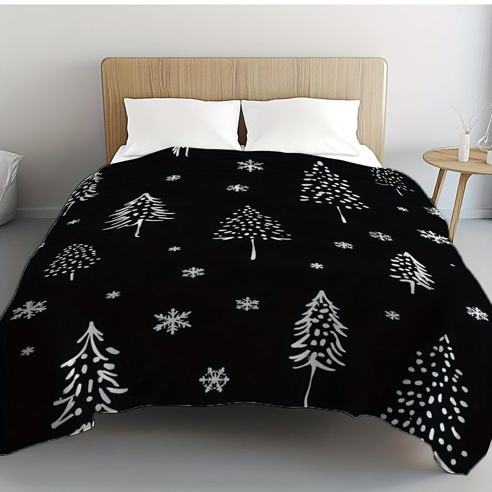 1pc Cozy Christmas Snowflakes Printed Throw Blanket - Soft Flannel Retro Black & White Snowflake & Pine Tree Design - All-Season
