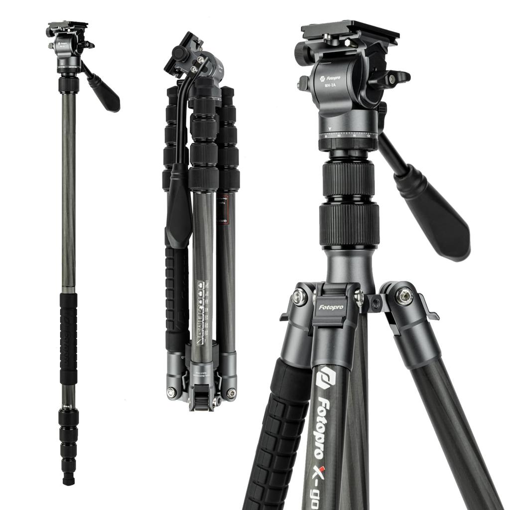 Fotopro 152cm Carbon Fiber Travel Compact Camera Tripod with Fluid Detachable Quick Release Plate and Supports up to Video Tripod for E2 Video Black