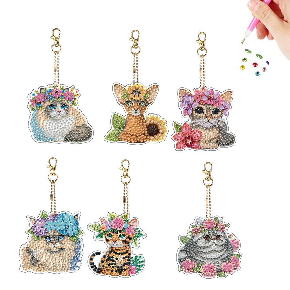 6Pcs Double Sided Special Shaped Exquisite Pattern Diamond Painting Keychain Rhinestone Painting Keychain Pendant for Beginners