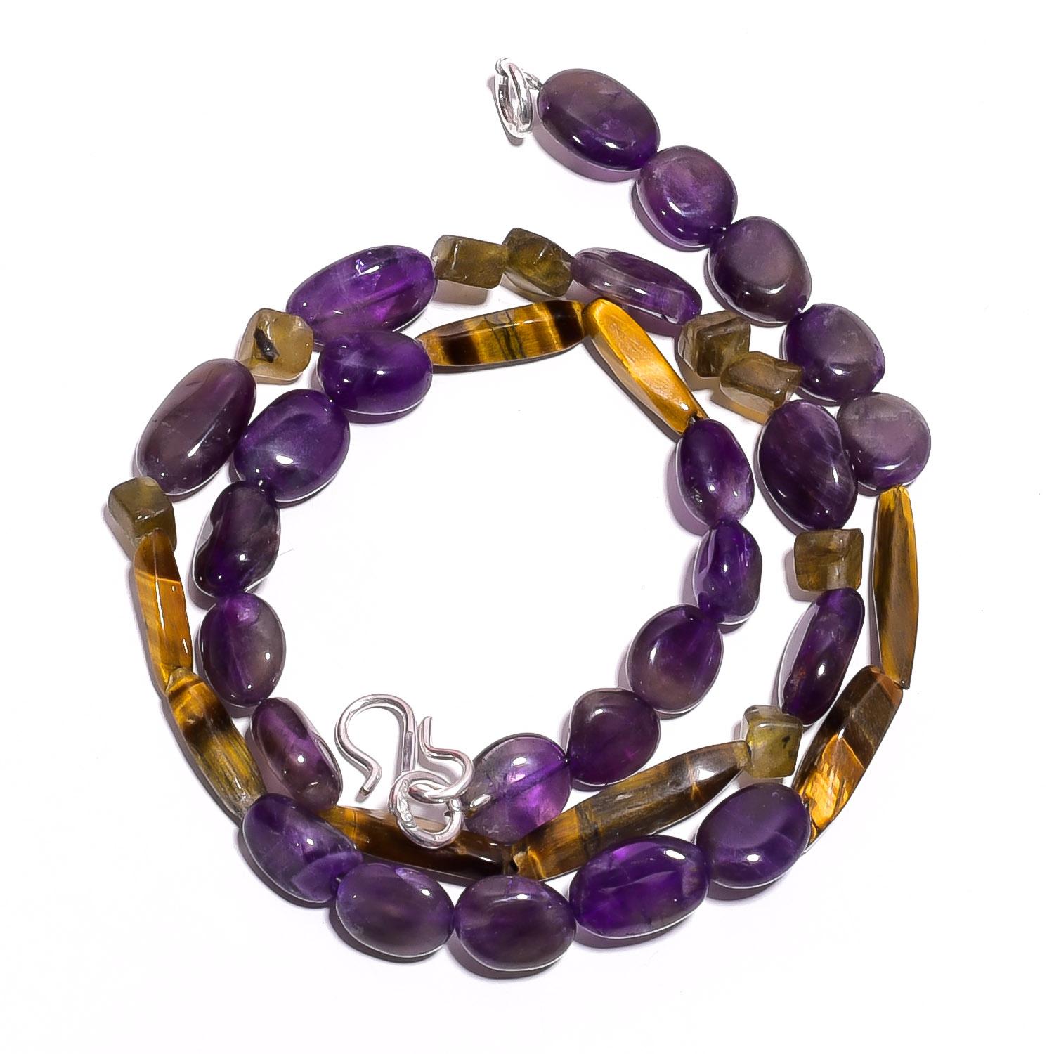 

Natural Amethyst Tiger Eye Labradorite Gemstone Smooth Beads Necklace 17 UB5027 UB-5027
