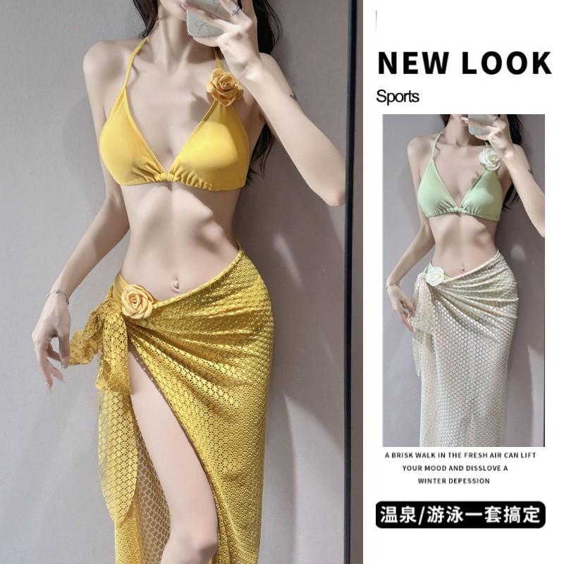 

Bikini Split Long Dress Beach Island Vacation Swimming Suit Women s Three-piece Sexy Hot M жёлтый