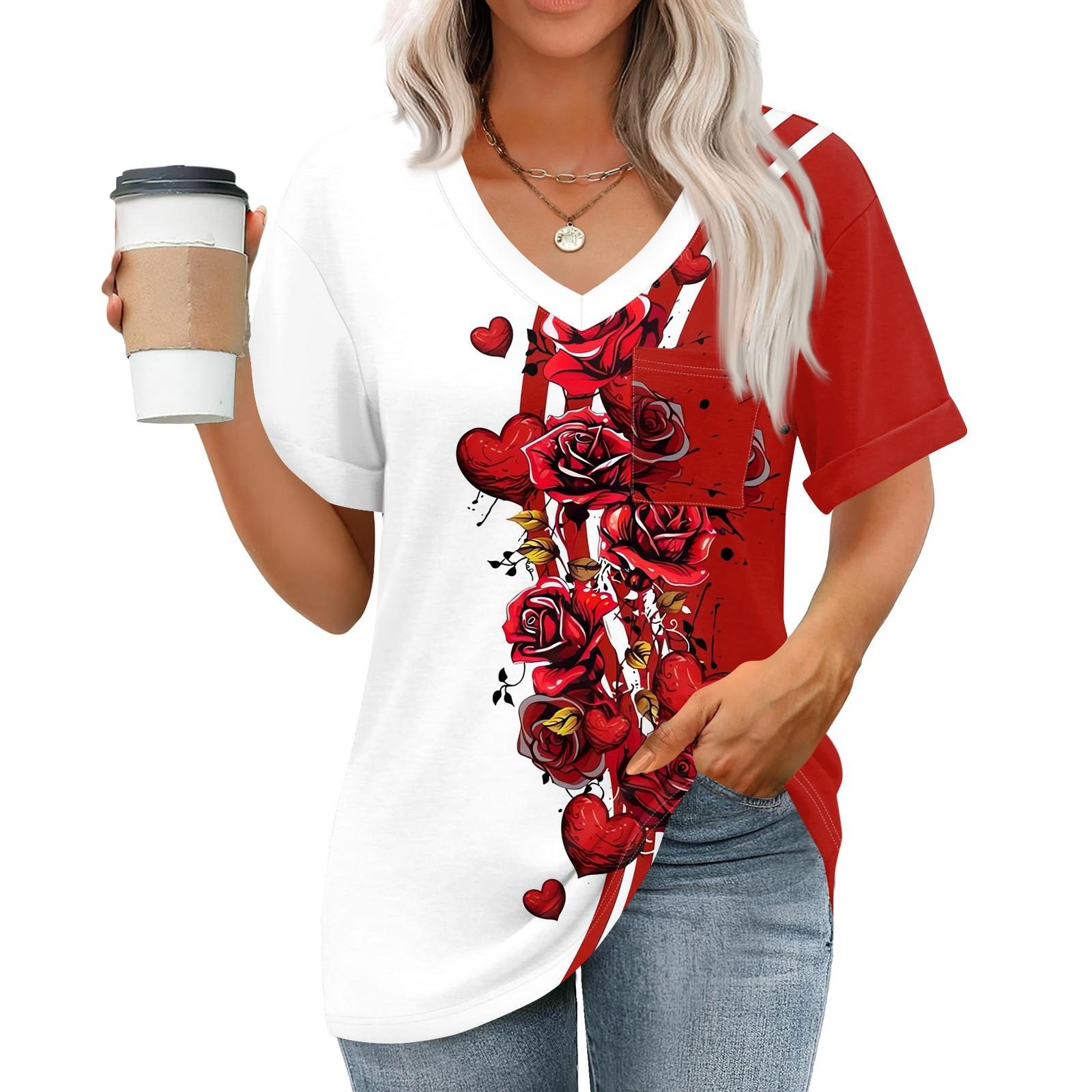 

Женские топы с V-образным вырезом и коротким рукавом Блузки Повседневные модные принты Туники Топы с карманами XXL красный