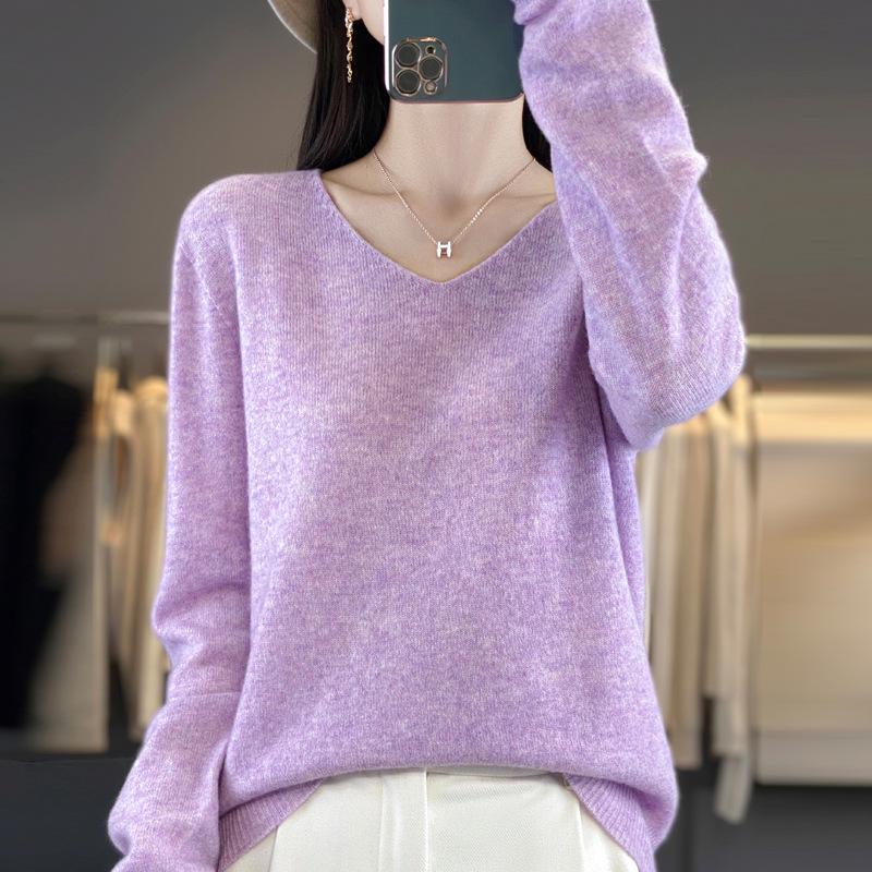 Women's V-Neck Knit Sweater: Loose-Fit, Flat Base Layer for Autumn/Winter, Solid Color Pullover Style