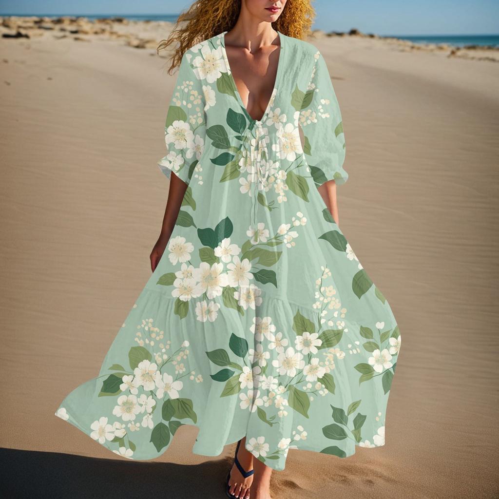 Women's Summer Fashion V-neck Retro Floral Print Short Sleeved Beach Dress With Lace Patchwork Dress