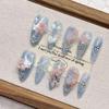 3D Light Blue Swan Medium-Length Pointed Fake Nail Art – Handmade Wearable Nails