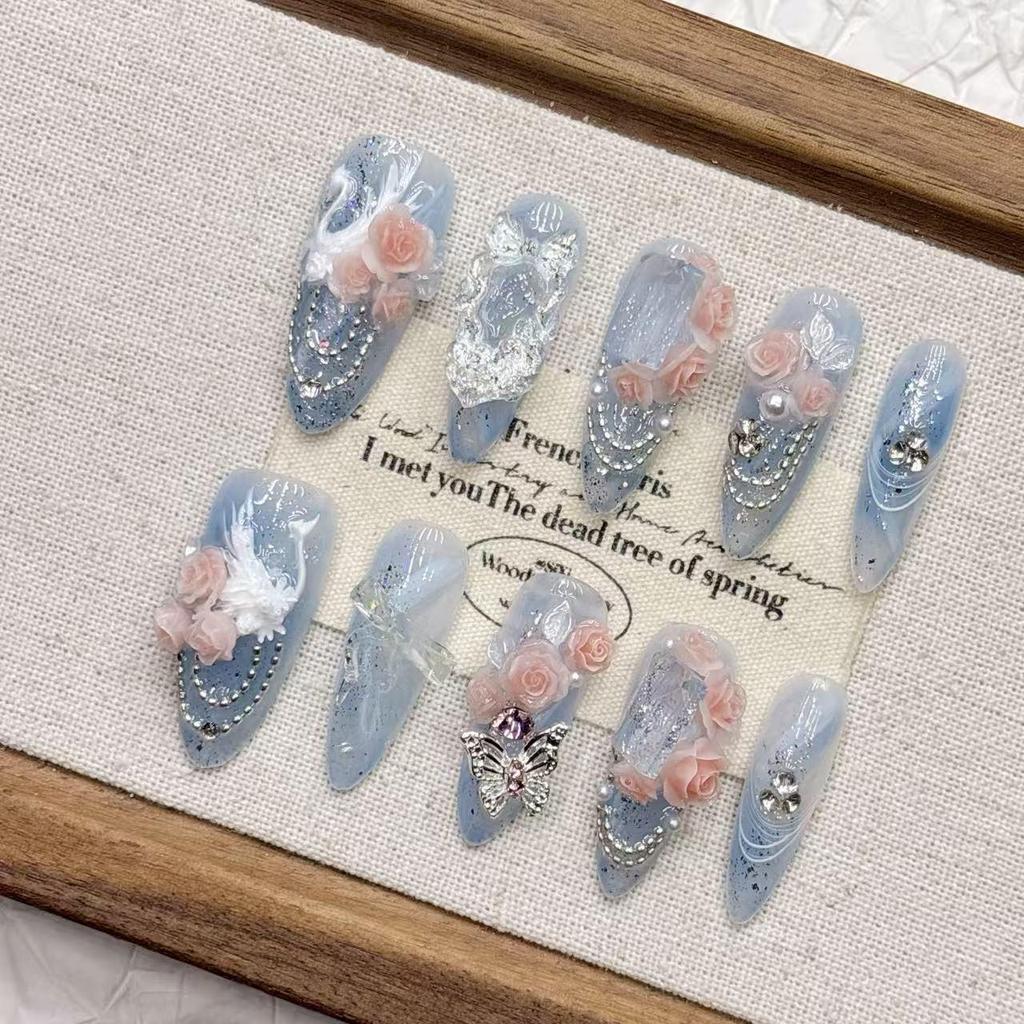 3D Light Blue Swan Medium-Length Pointed Fake Nail Art – Handmade Wearable Nails
