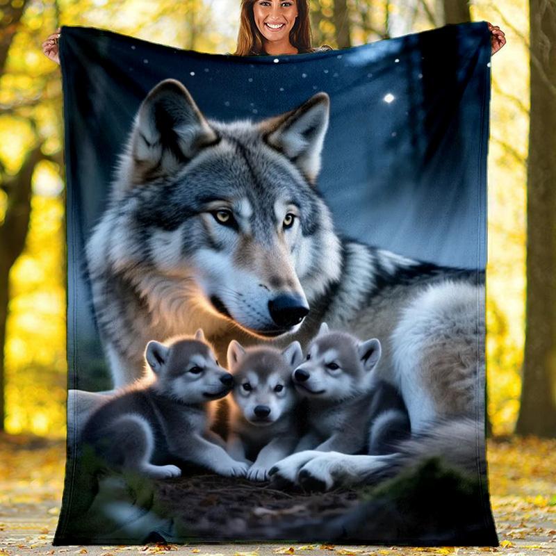 Autumn Sleeping Wolf Cub Fleece Blanket, Cute Animal Throw