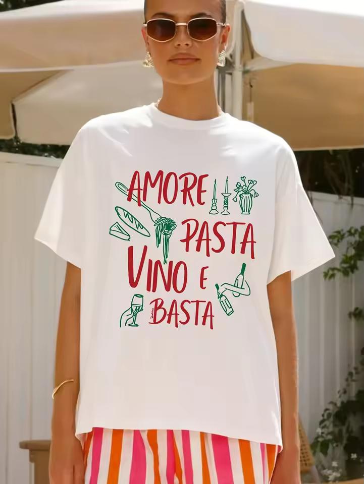 Summer Short Sleeve Spring White with Illustrations Italian Fashion WomenS Casual Crew Neck T-Shirt with Italian Print Top Tees