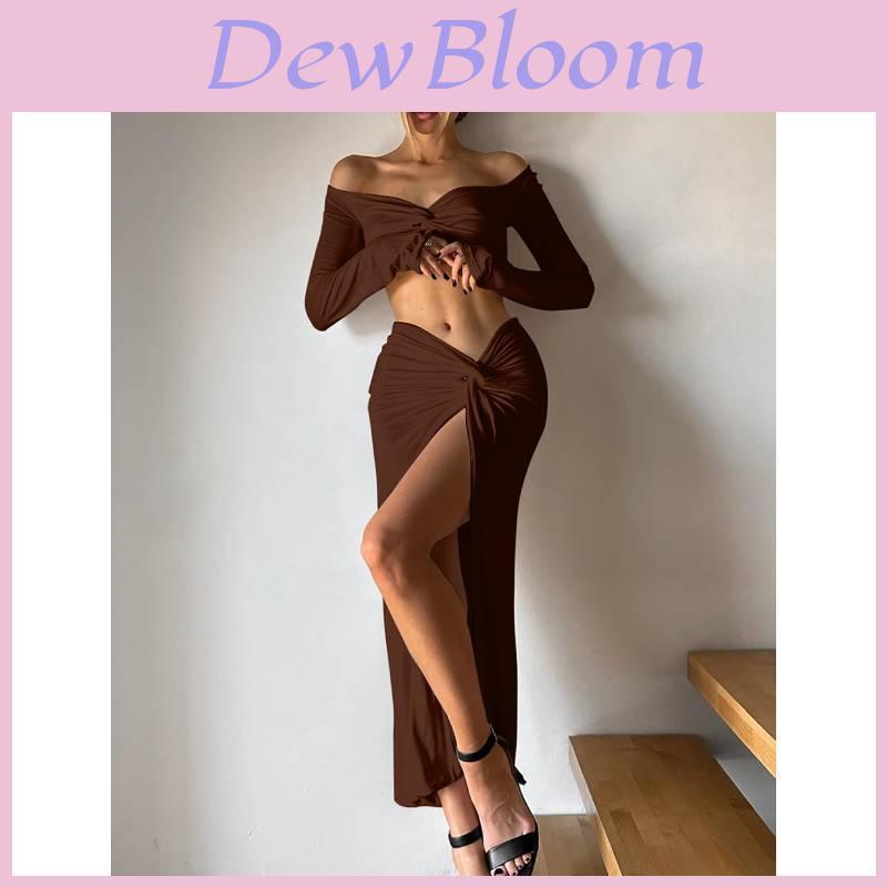 Streetwear Womens Long Sleeve V Neck Dress Set With Slit And Splicing For Casual Style