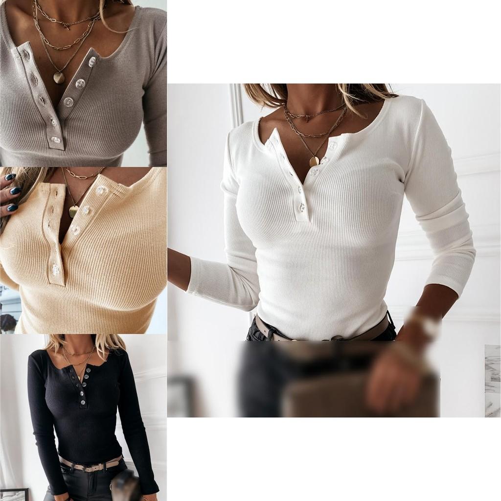 Stylish Women's V Neck Button T Shirt Tee With Long Sleeve And Soft Fabric For Everyday Wear