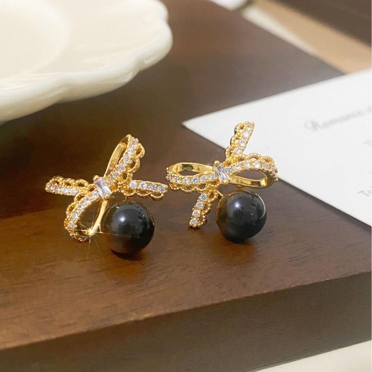 French Lace Bow Tiger Eye Stud Earrings for Women - Elegant, Exquisite, Versatile Design