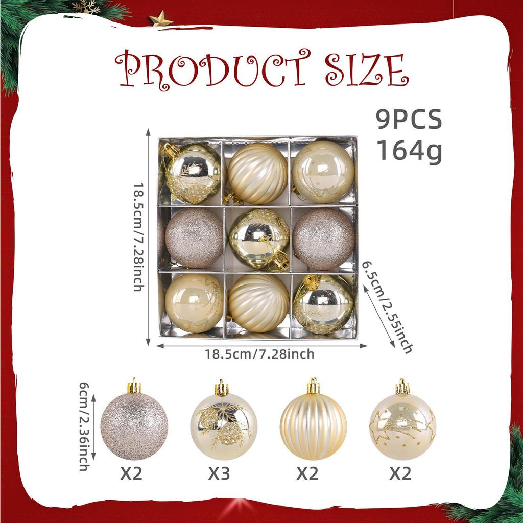 9 Pieces Christmas Ball Ornaments Tree Decorations 2.36" Round Shaped for Indoor