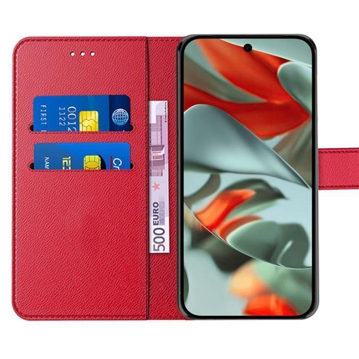 Coque + 2 Verres Trempés pour Google Pixel 9 Pro XL, Coque Portefeuille Antichoc Anti-Rayures Cuir PU Rouge