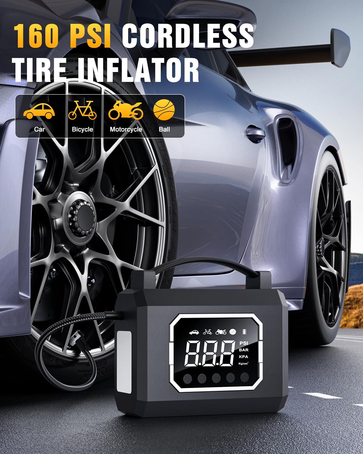 

Портативный насос для накачивания шин 160 фунтов на кв. дюйм, воздушный компрессор 26800 мАч с цифровым манометром, быстрая зарядка и пусковое устройство чёрный