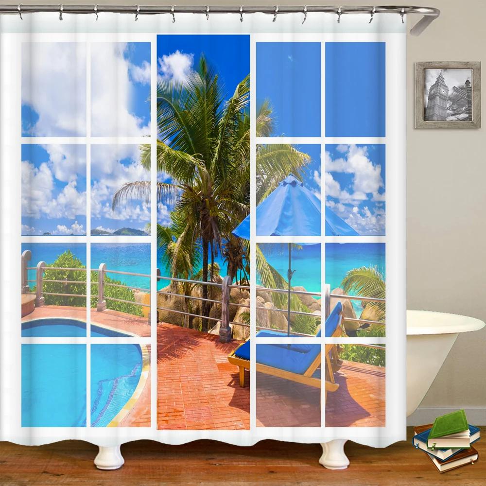 3D Window Opening Scenery Beach Landscape Printing Shower Curtain Washable Fabric Curtain Bathroom Decoration with Hook Curtain