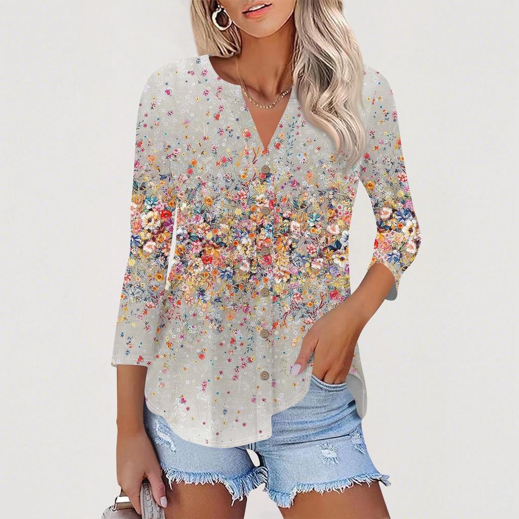 Women's Button Down Cardigan T Shirts 3/4 Sleeve V Neck Tees Casual  Fashion Printed T-shirt Tops