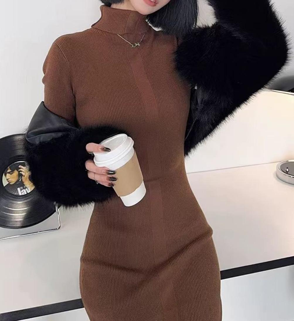 

Осенне-зимнее платье-свитер с высоким воротом и длинными рукавами, облегающее трикотажное платье, женское трикотажное цельное платье One Size кофейный