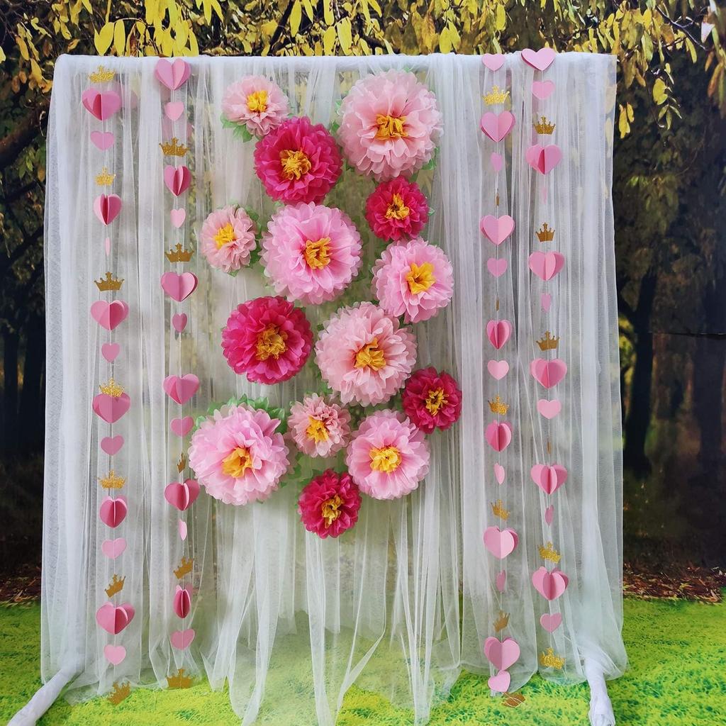 Gold Pink 3D Paper Heart Crown Garland Girl Princess Birthday Party Nursery Room Decor Balloon Tail Pack of 5