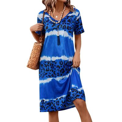 Women's Leopard Print Casual Midi Dress Short Sleeve V-neck Dress