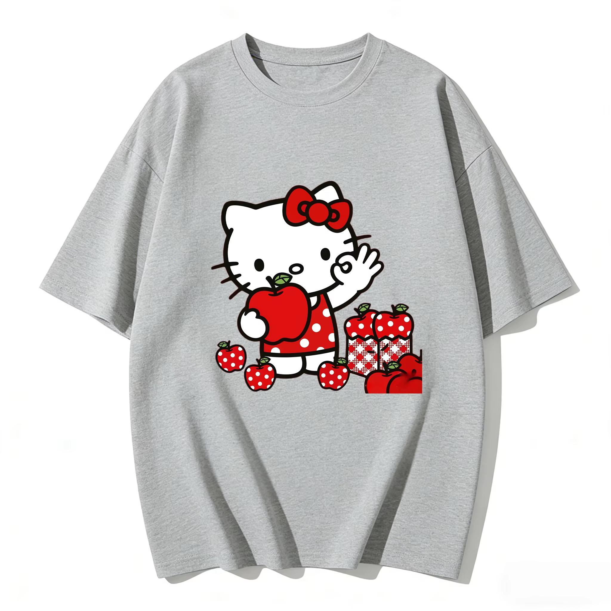 

2026 Hello Kitty Cartoon Printed Short Sleeve Summer Pure Comfortable summer Womens Tshirt loose and fashionable S