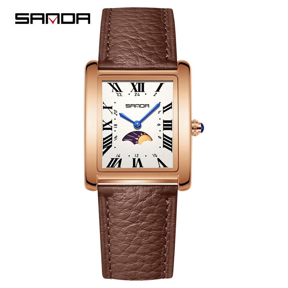 Sanda Women's Retro Quartz Waterproof Watch with Roman Numerals, Moon Phase, and Light Luxury Design - Square Model 9122.
