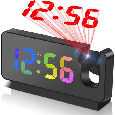 Bedroom Projection Alarm Clock with 180° Rotating LED Digital Clock, Temperature Display, Nighttime Anti-Disturbance Mode for Heavy Sleepers