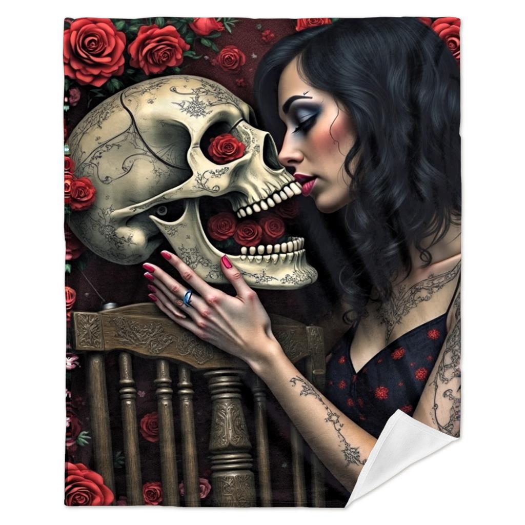 Retro Gothic-style Skull Rose Flannel Printed Blanket Suitable for All Seasons Suitable for Living Room Office Sofa and Travel