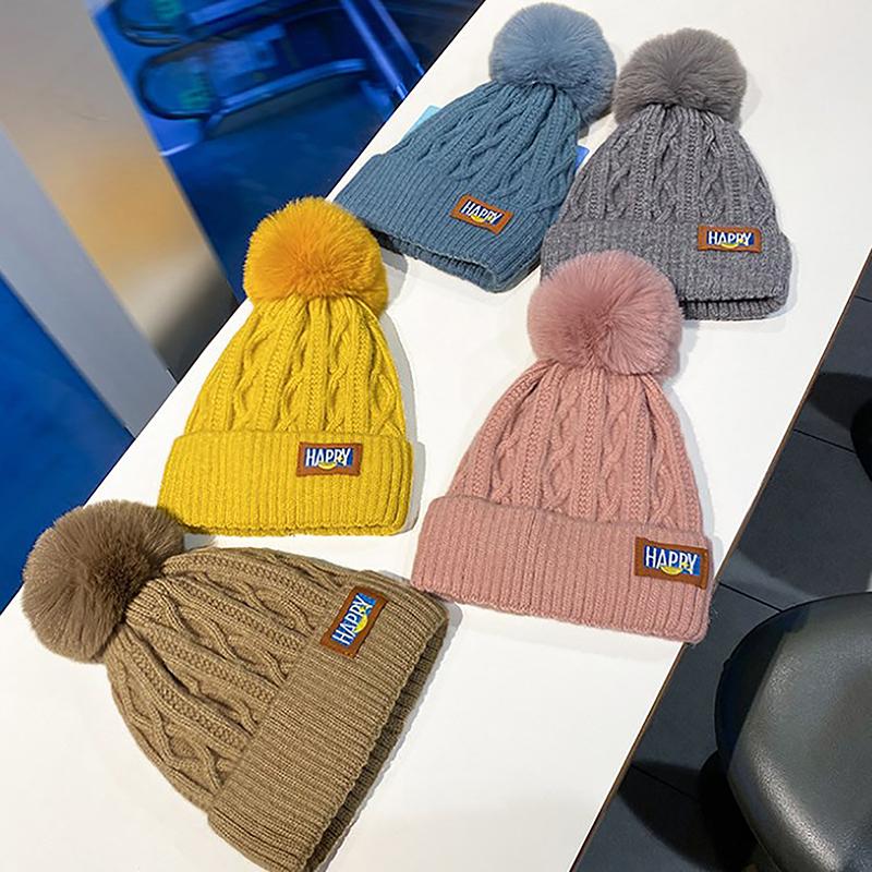 Women Solid Color Thicken Plush Beanie Cap Female Autumn Warm Crochet Hats Autumn and Winter Women's Pompom Knitted Hat