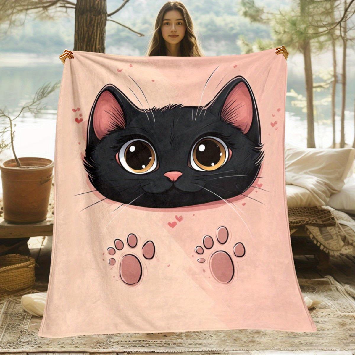 1pc Extra Thick & Soft Flannel Blanket - Heavy-Duty All-Season Throw - Black & Pink Pastel Pink with Cute Pink Paw Prints 130x150cm51x59in