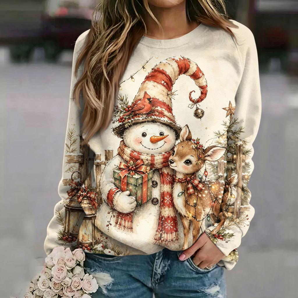 Women's Casual Neck Long Sleeve Raglan Christmas Print Pullover Sweatshirt