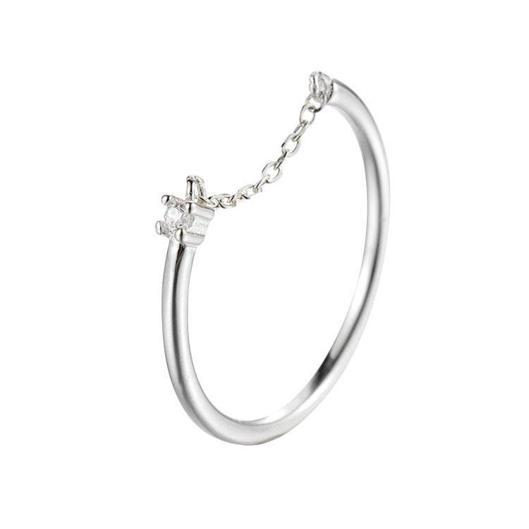S925 Sterling Silver Chain Ring with Single Diamond – High-End, Niche Design for Women's Index or Pinky Finger.