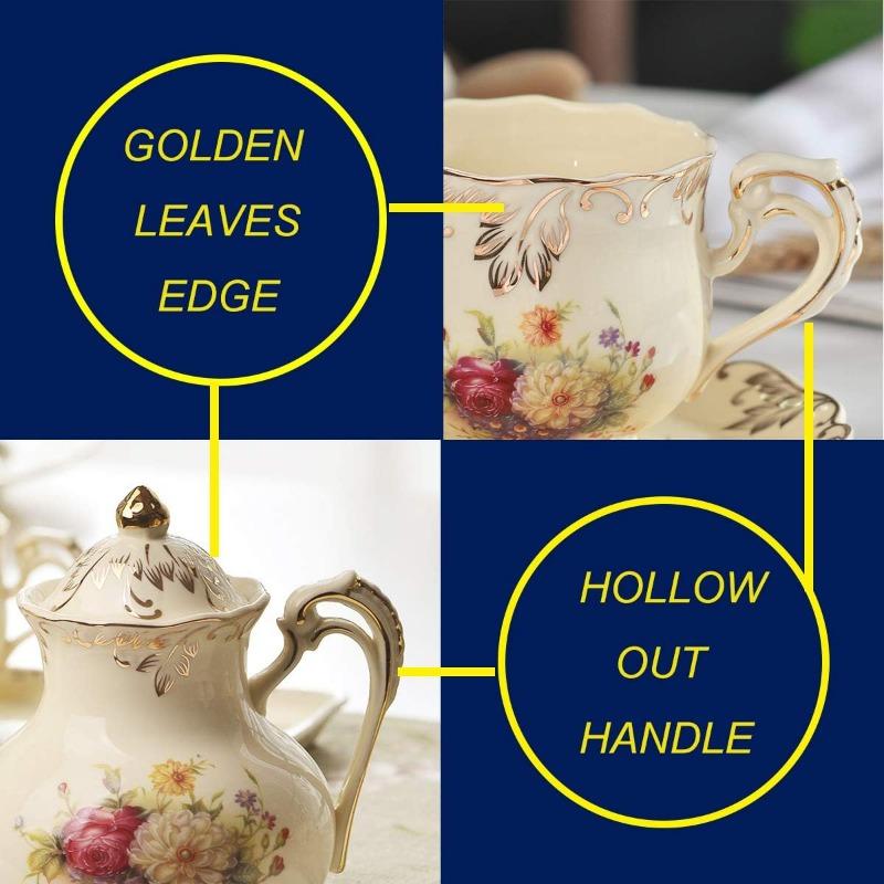 Porcelain Tea Set, Vintage Flowering Shrubs Teapot and Cups Set for Tea Party, Birthday Gifts for Mom Adults Women Wedding