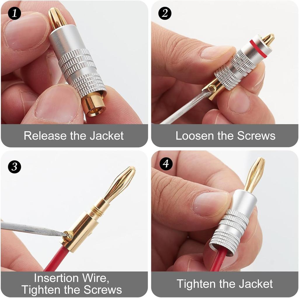 Banana Plugs 2 Pair/ 4 Pcs, 24K Gold Plated Dual Screws Jack Connectors for Amplifier, Speakers, Receiver