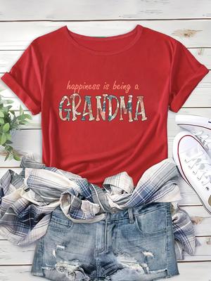 Grandma Print Comfortable And Soft Sports T-shirt, Short Sleeve Causal Running Crew Neck Top, Women's Activewear