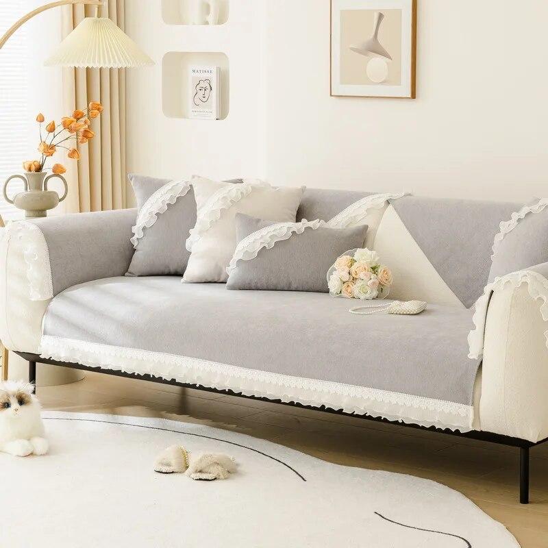 Nordic Solid Color Lace Skirt Sofa Cushion Four Seasons Universal Non-slip Leather Sofa Cover Chenille Back Cushion Cover Cloth