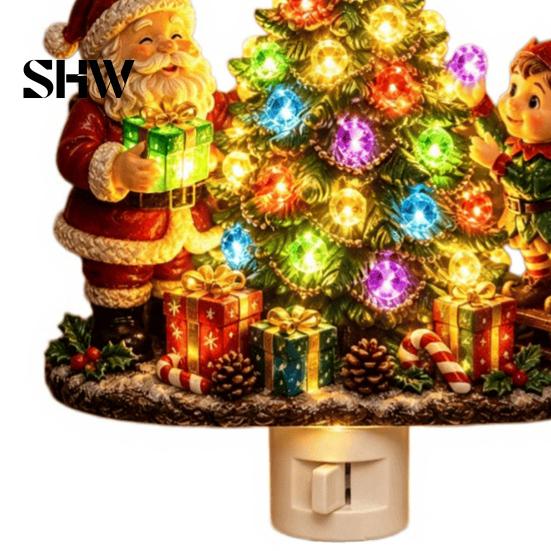 Indoor Holiday Lighting Christmas Santa Elf Decorative Plug-in Night Light, Resin Tree Wall Festive Room Decoration Nightlight, Vintage Xmas Ornament