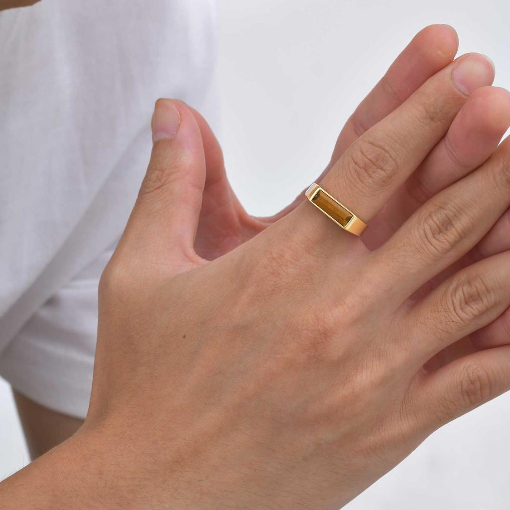 Vintage Square Natural Stone Signet Ring for Men, Minimalist Gold Plated Stainless Steel Rings, Fashion Jewelry Gift to Father