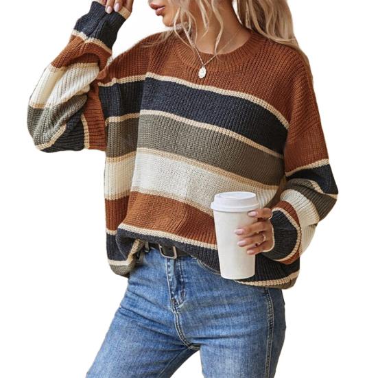 Women Sweater Round Neck Long Sleeve Knitted Tops Striped Print Loose Fit Soft Elastic Warm Winter Sweater