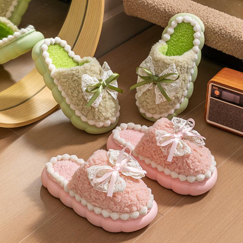 Thick-bottomed Cotton Slippers Women's Winter 2025 New Indoor Home Non-slip Warm Bow Plush Slippers Women's Winter