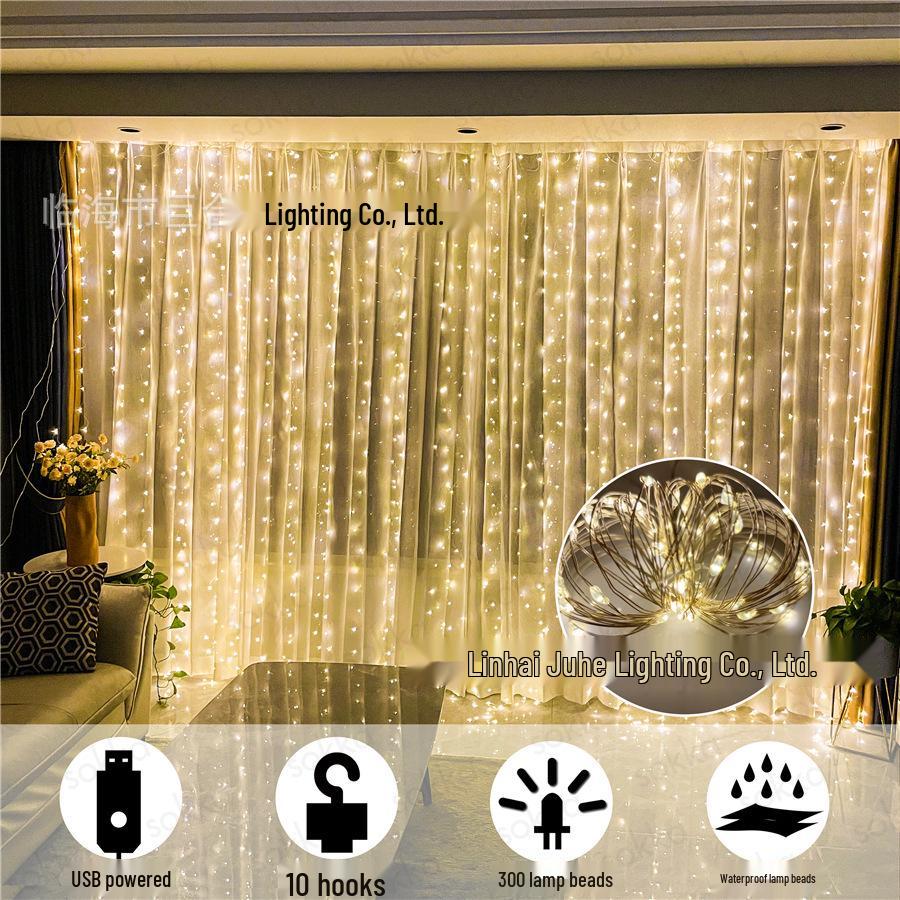 LED Copper Wire Curtain String Lights with USB & Remote, 3x3m, for Christmas, Wedding, Bedroom Decor