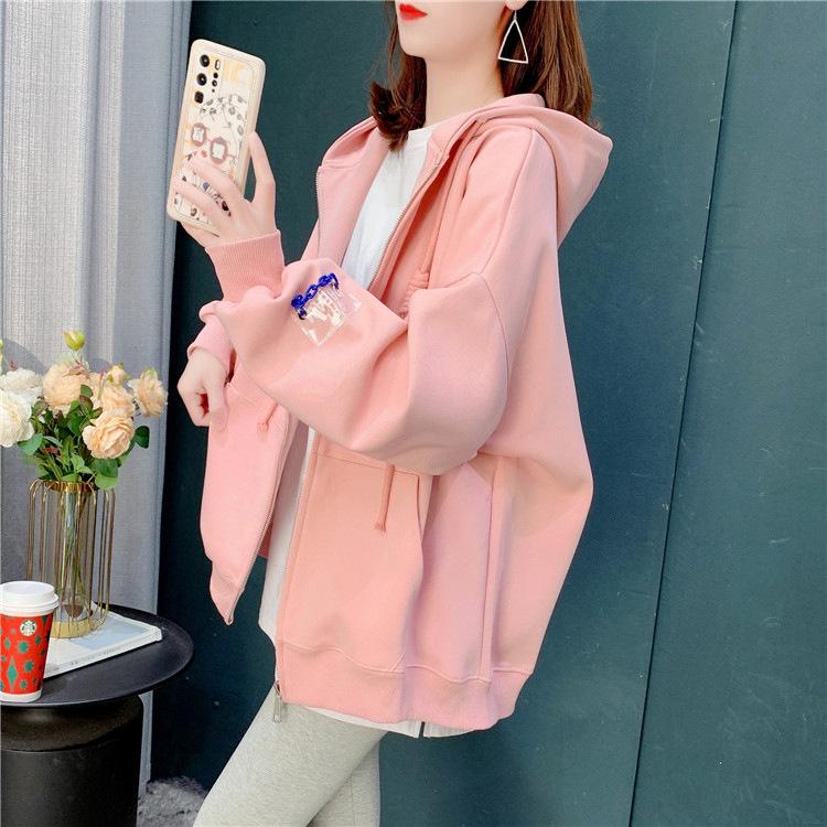 Solid Color Sweatshirt Cardigan Women's Thin Autumn Loose Sweatshirt Jacket Fashionable Long Sleeved Hooded Sweatshirt
