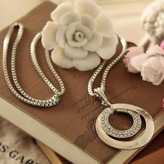 Damenmode Doppelkreise Strassbesetzt Lange Kette Halskette Schmuck Geschenk