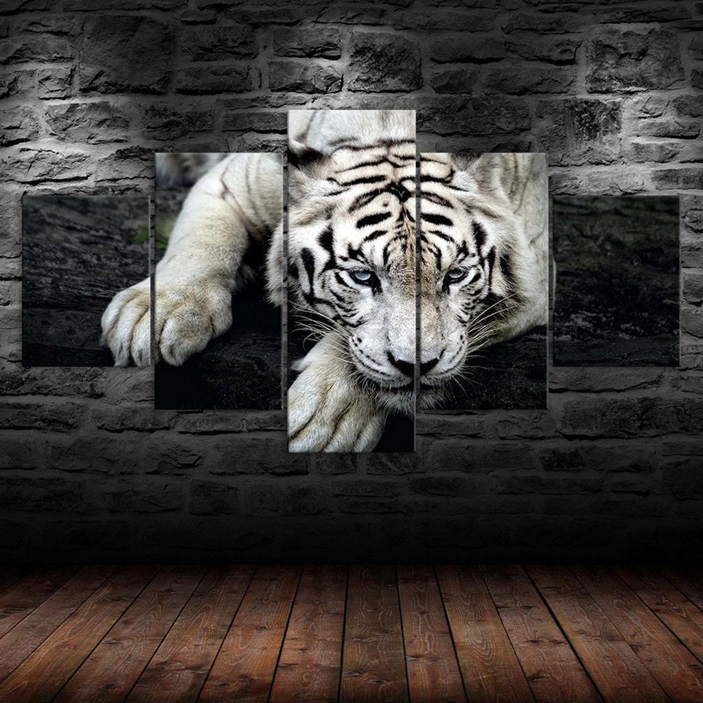 White Tiger Face Wildlife Animal 5 Piece Five Panel Wall Canvas Print Modern Poster Picture Home Decor Gift For Him For Her