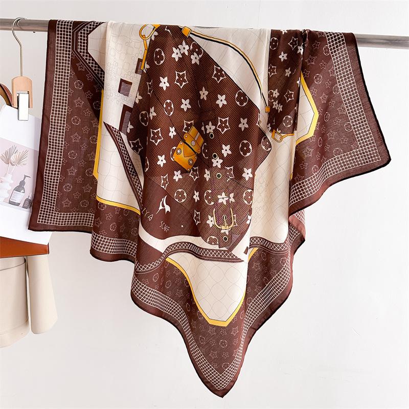 New 91 large square scarf simulation silk versatile herringbone pattern shawl scarf flower retro printing headscarf scarf