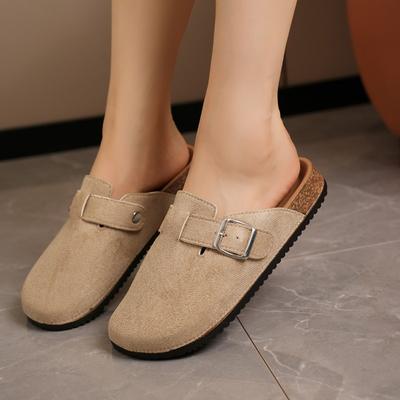 Shoes for Women 2024 Hot Sale Buckle Decoration Women's Slippers Spring Closed Toe Solid Flock Low-heeled Casual Mule Slippers