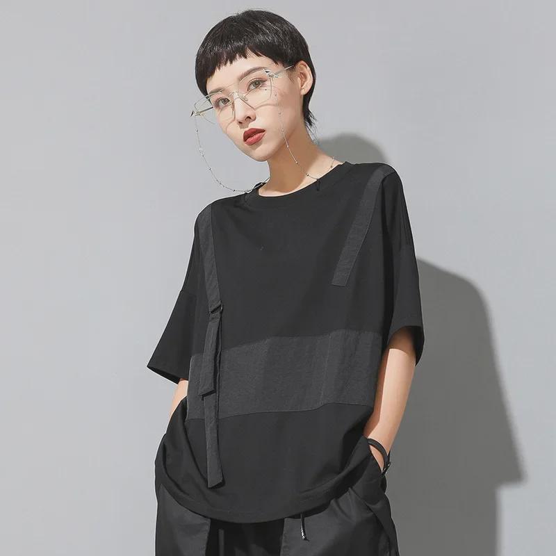 Camiseta de Verano Oscura Patchwork para Mujer Europea y Americana - Cuello Redondo, Corte Holgado, Manga Corta Estilo Trendy