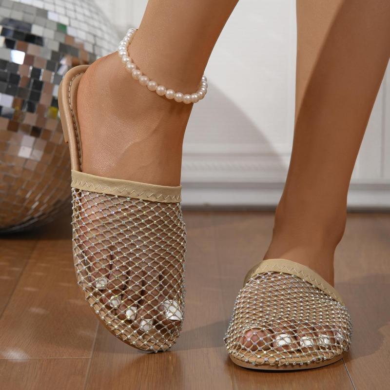 Summer New Round Head Half Slipper Hollow Set with Diamonds Summer Sexy Large Flat Bottom Fashion Slippers
