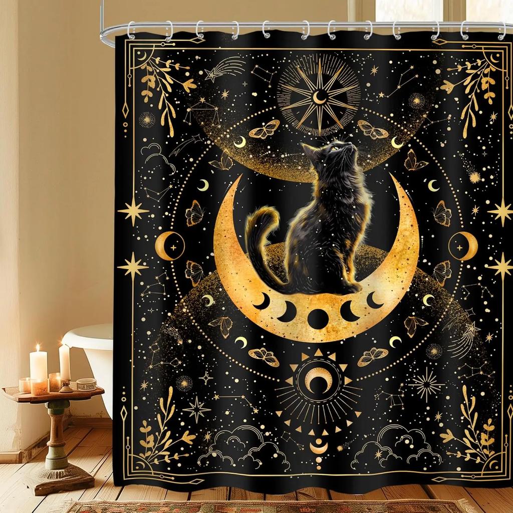 Japanese Cherry Cat Shower Curtain Black White Red Cute Animal Waterproof Polyester Bathroom Home Decorative Cover with Hook