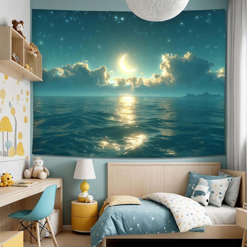 Ocean Moon Star Tapestry 2D Digital Print Polyester Wall Hanging Living Room Bedroom Office Decor with Hooks